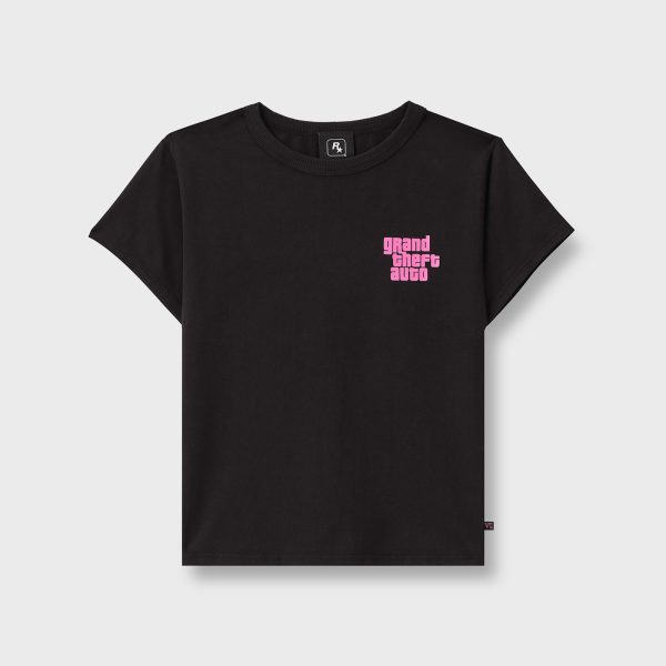 Black GTA 6 Women's Cropped Baby Logo Tee front view