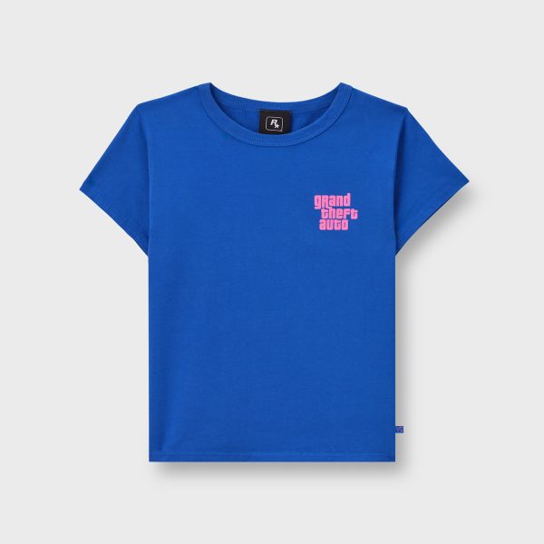 Blue GTA 6 Women's Cropped Baby Logo Tee front view