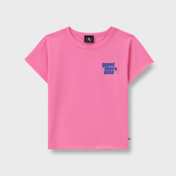 Pink GTA 6 Women's Cropped Baby Logo Tee front view